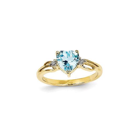 14K Yellow Gold Real Diamond and Blue Topaz Heart Ring
