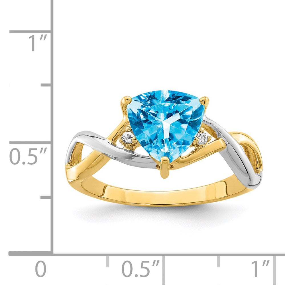 14K Yellow Gold Rhodium Blue Topaz and White Topaz Trillion Ring