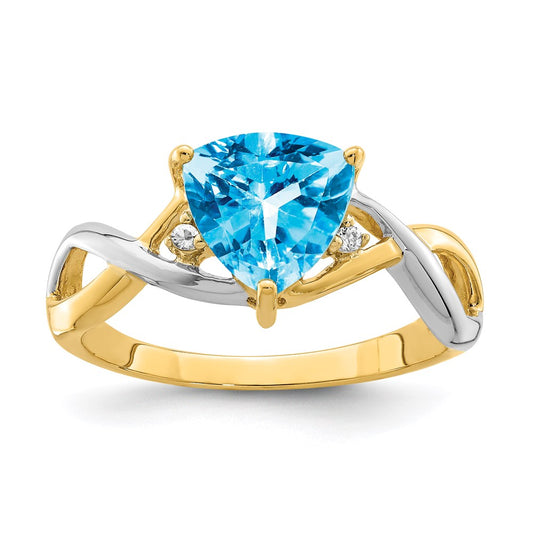 14K Yellow Gold Rhodium Blue Topaz and White Topaz Trillion Ring