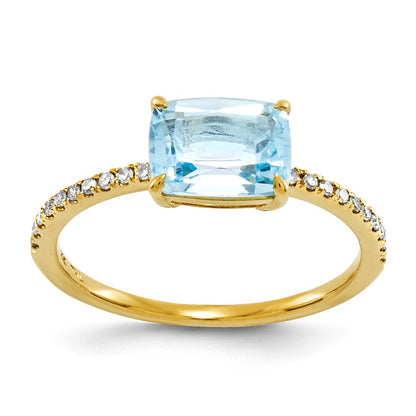 14K Yellow Gold Real Diamond and Blue Topaz Square Ring