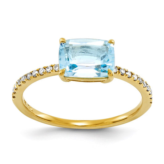 14K Yellow Gold Real Diamond and Blue Topaz Square Ring