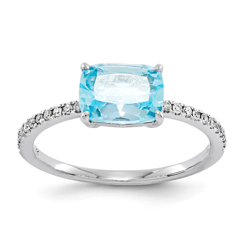 14k White Gold Real Diamond and Blue Topaz Square Ring