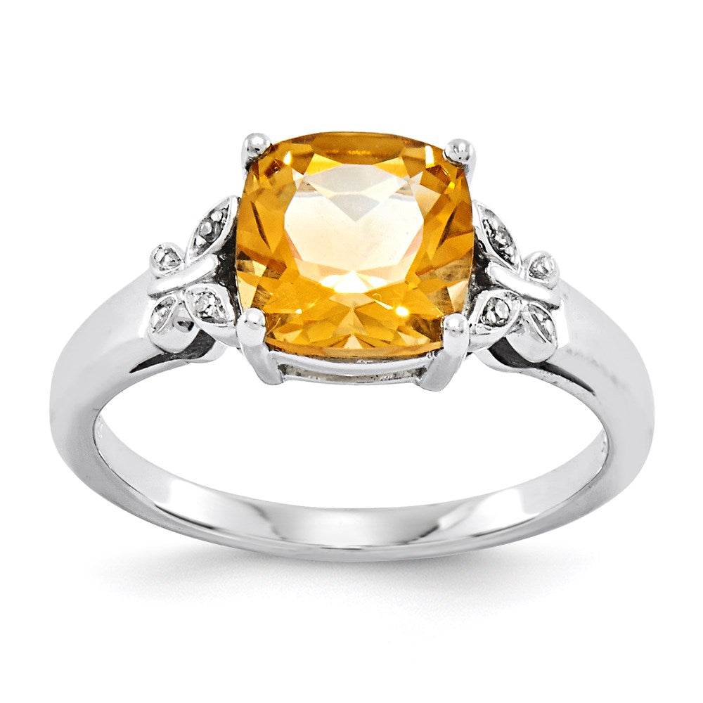14k White Gold Real Diamond and Citrine Square Ring
