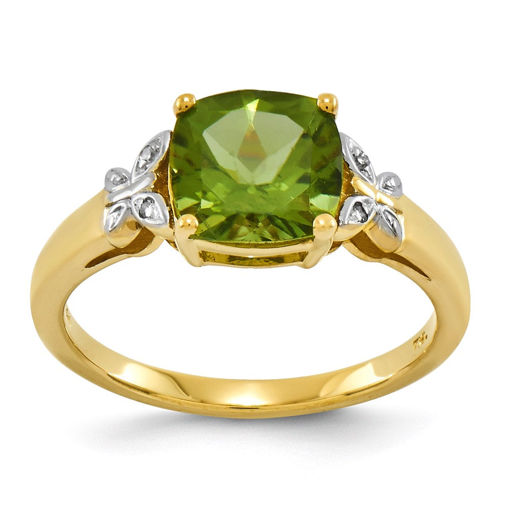 14K Yellow Gold Real Diamond and Peridot Square Ring
