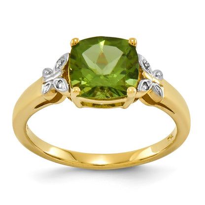 14K Yellow Gold Real Diamond and Peridot Square Ring