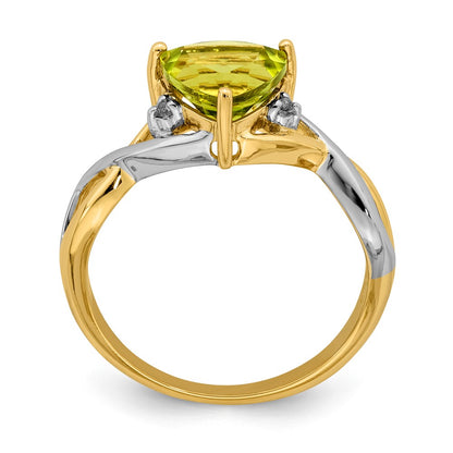 14K Yellow Gold Peridot and White Topaz Trillion Ring