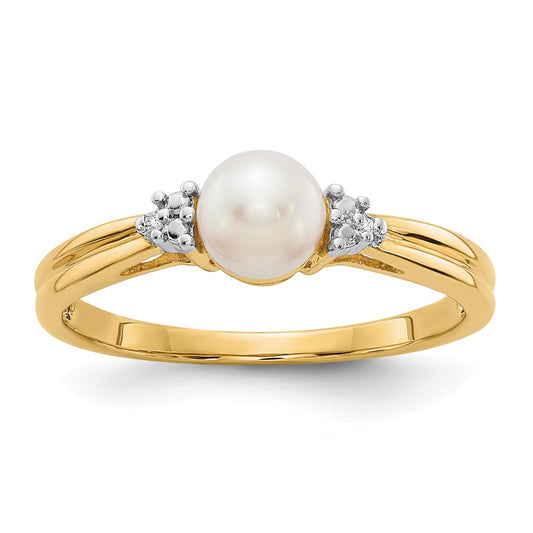 14K Yellow Gold Real Diamond and FW Cultured Pearl Ring