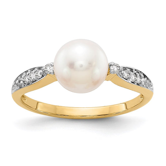 14K Yellow Gold Real Diamond and FW Cultured Pearl Ring