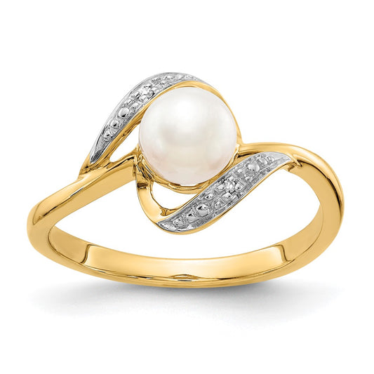 14K Yellow Gold Real Diamond and FW Cultured Pearl Ring