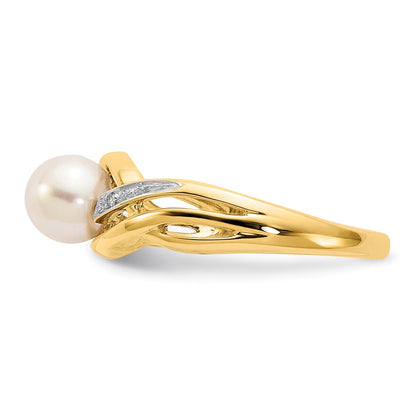 14K Yellow Gold Real Diamond and FW Cultured Pearl Ring