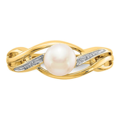 14K Yellow Gold Real Diamond and FW Cultured Pearl Ring