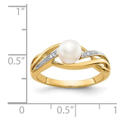 14K Yellow Gold Real Diamond and FW Cultured Pearl Ring