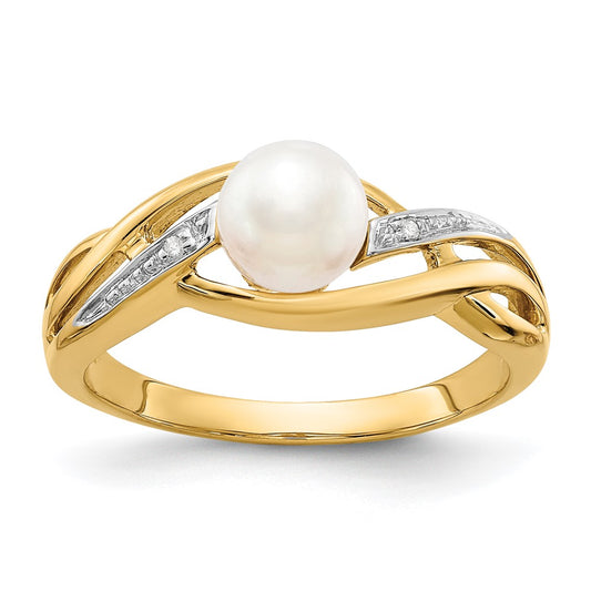 14K Yellow Gold Real Diamond and FW Cultured Pearl Ring