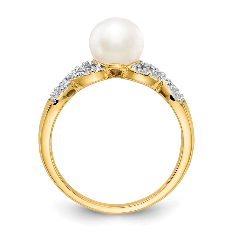 14K Yellow Gold Real Diamond and FW Cultured Pearl Ring
