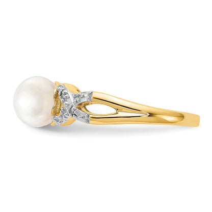 14K Yellow Gold Real Diamond and FW Cultured Pearl Ring