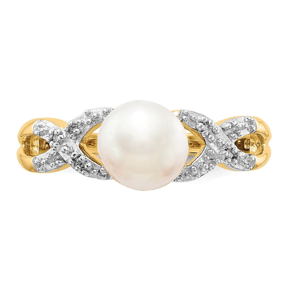 14K Yellow Gold Real Diamond and FW Cultured Pearl Ring