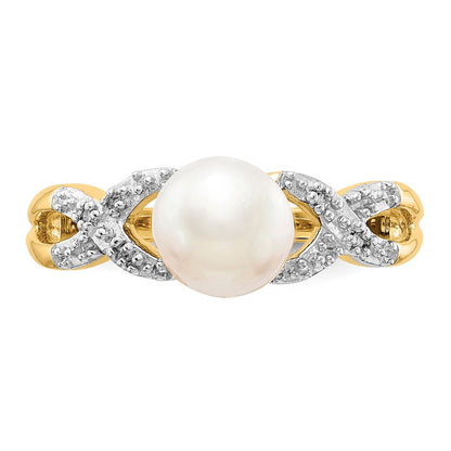 14K Yellow Gold Real Diamond and FW Cultured Pearl Ring