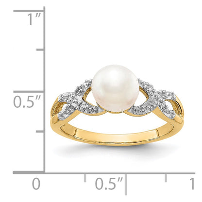14K Yellow Gold Real Diamond and FW Cultured Pearl Ring