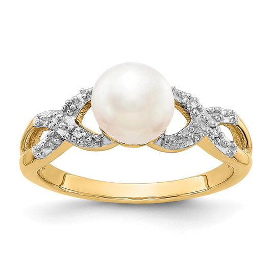14K Yellow Gold Real Diamond and FW Cultured Pearl Ring