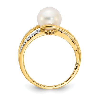 14K Yellow Gold Real Diamond and FW Cultured Pearl Ring