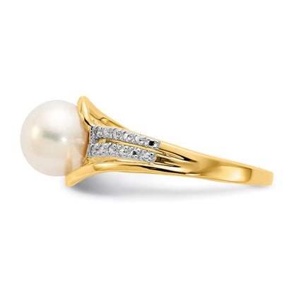 14K Yellow Gold Real Diamond and FW Cultured Pearl Ring