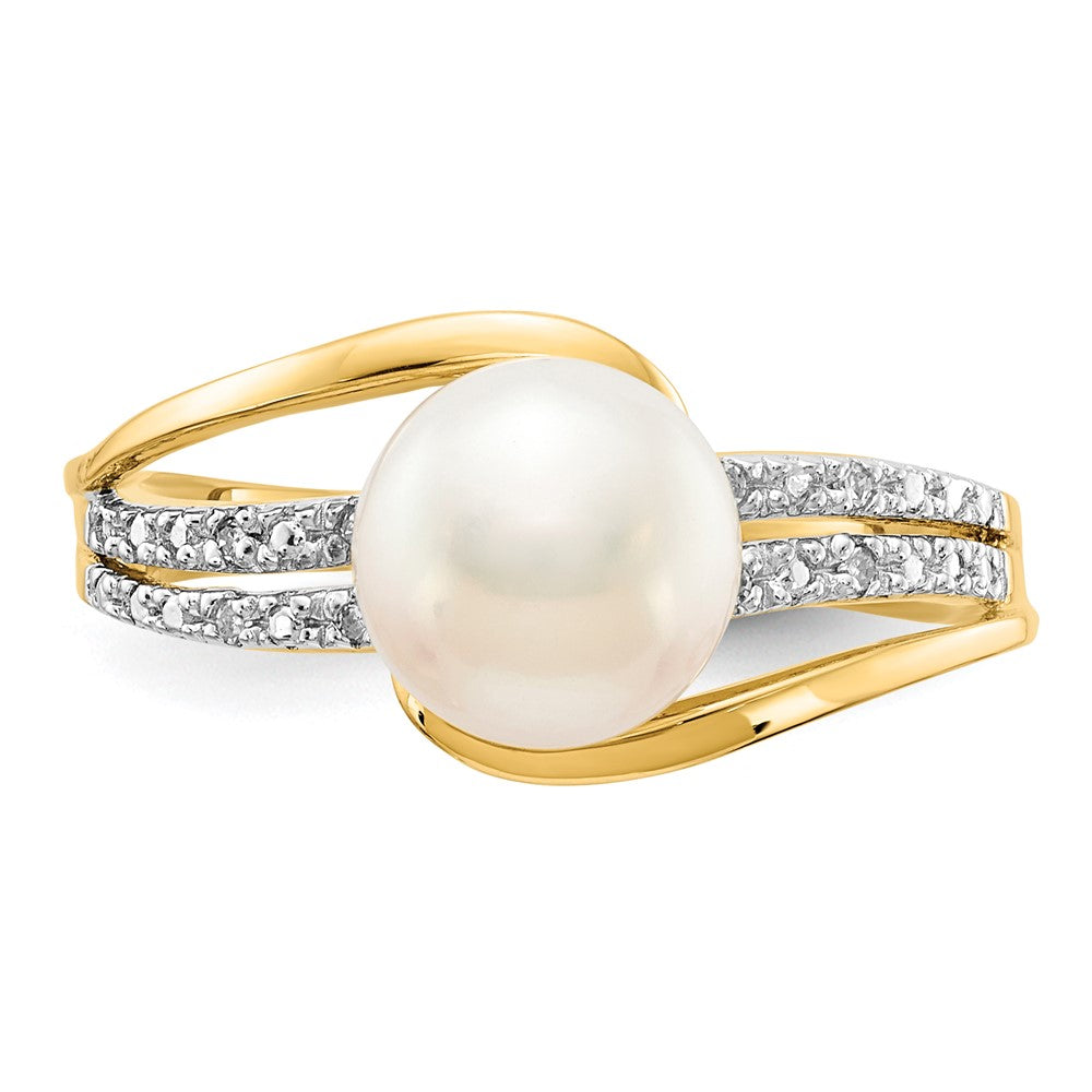 14K Yellow Gold Real Diamond and FW Cultured Pearl Ring