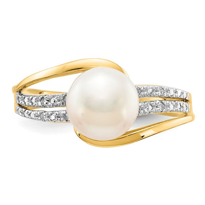 14K Yellow Gold Real Diamond and FW Cultured Pearl Ring