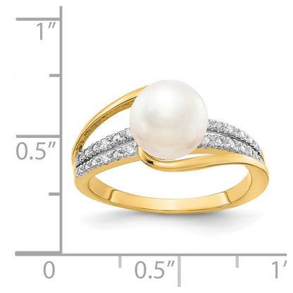 14K Yellow Gold Real Diamond and FW Cultured Pearl Ring