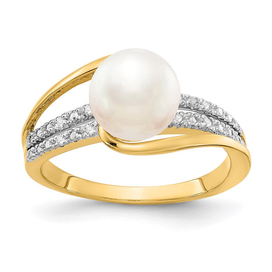 14K Yellow Gold Real Diamond and FW Cultured Pearl Ring