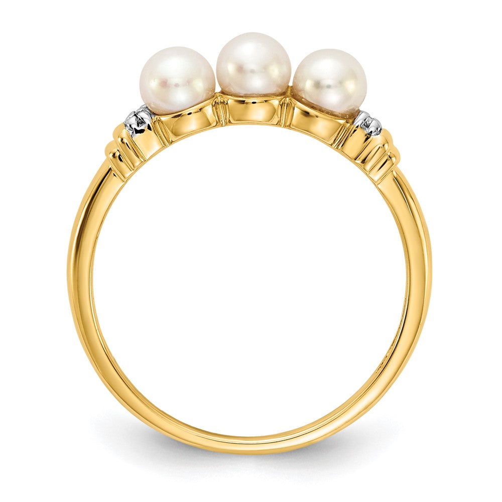 14K Yellow Gold Real Diamond and FW Cultured 3-Pearl Ring