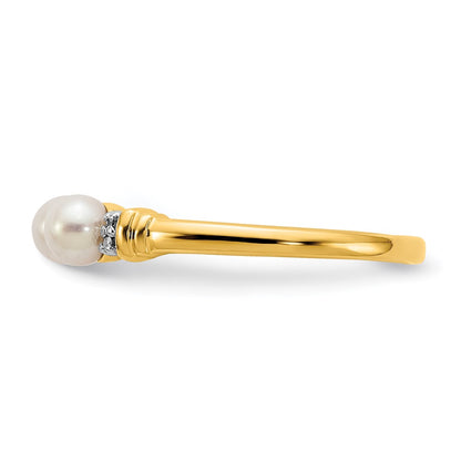 14K Yellow Gold Real Diamond and FW Cultured 3-Pearl Ring