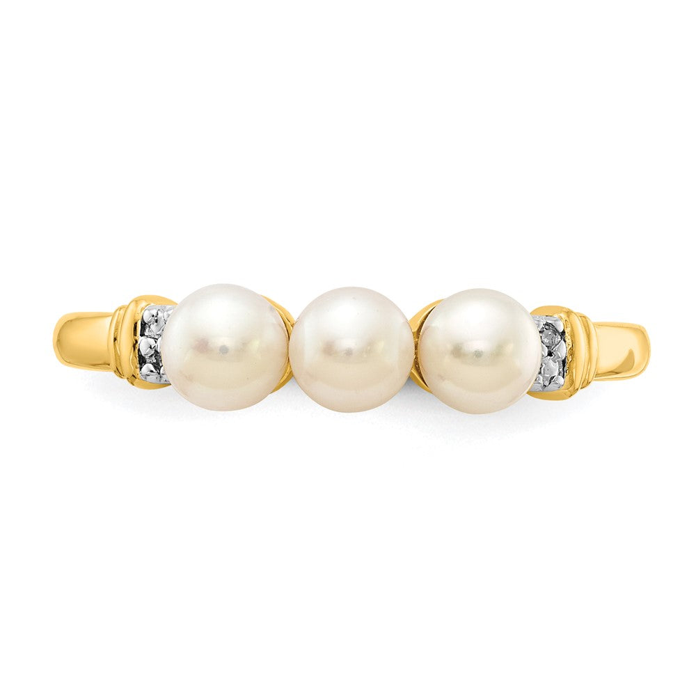 14K Yellow Gold Real Diamond and FW Cultured 3-Pearl Ring