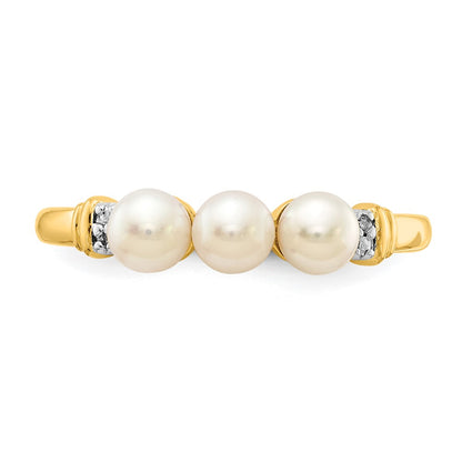14K Yellow Gold Real Diamond and FW Cultured 3-Pearl Ring