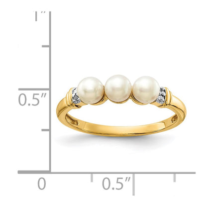 14K Yellow Gold Real Diamond and FW Cultured 3-Pearl Ring