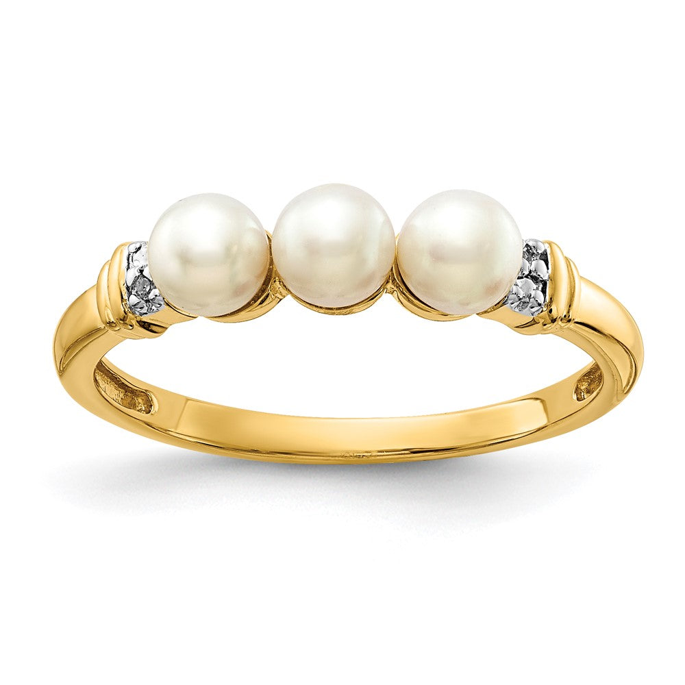 14K Yellow Gold Real Diamond and FW Cultured 3-Pearl Ring