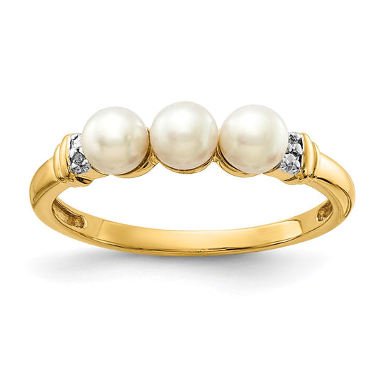 14K Yellow Gold Real Diamond and FW Cultured 3-Pearl Ring