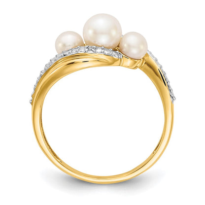 14K Yellow Gold Real Diamond and FW Cultured 3-Pearl Bypass Ring