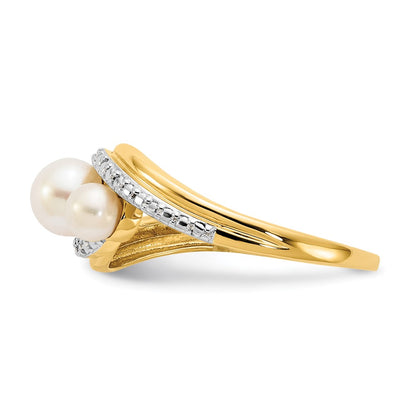 14K Yellow Gold Real Diamond and FW Cultured 3-Pearl Bypass Ring