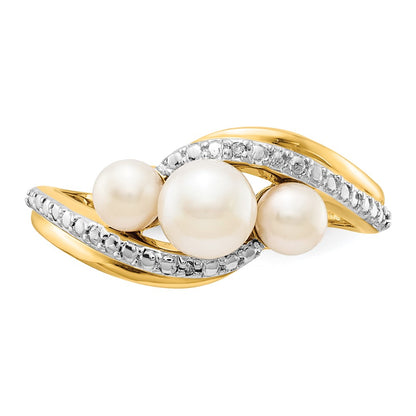 14K Yellow Gold Real Diamond and FW Cultured 3-Pearl Bypass Ring
