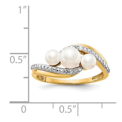 14K Yellow Gold Real Diamond and FW Cultured 3-Pearl Bypass Ring