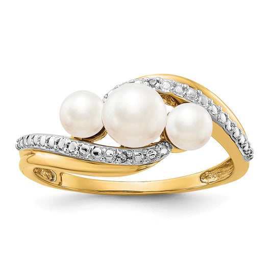 14K Yellow Gold Real Diamond and FW Cultured 3-Pearl Bypass Ring