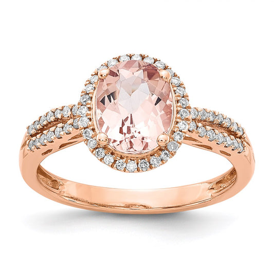 14k Rose Gold Oval Morganite & Real Diamond Halo Ring