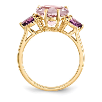 14K Yellow Gold Pink Quartz & Amethyst and Real Diamond Ring