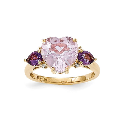 14K Yellow Gold Pink Quartz & Amethyst and Real Diamond Ring