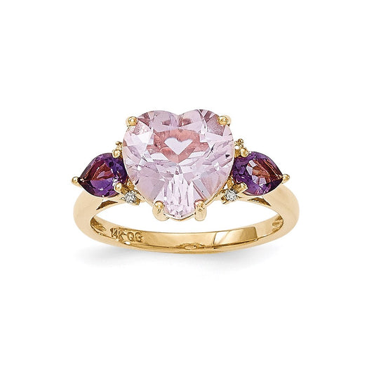 14K Yellow Gold Pink Quartz & Amethyst and Real Diamond Ring