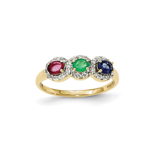 14k yellow gold composite ruby emerald sapphire real diamond three stone ring y12922aa