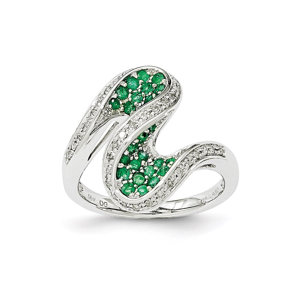 14k White Gold Emerald and Real Diamond Swirl Ring
