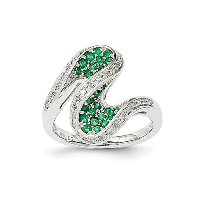 14k White Gold Emerald and Real Diamond Swirl Ring