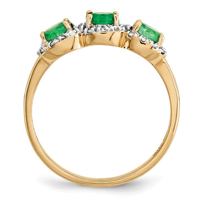 14K Yellow Gold Emerald & Real Diamond Three Stone Ring