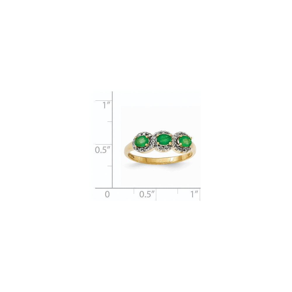 14K Yellow Gold Emerald & Real Diamond Three Stone Ring